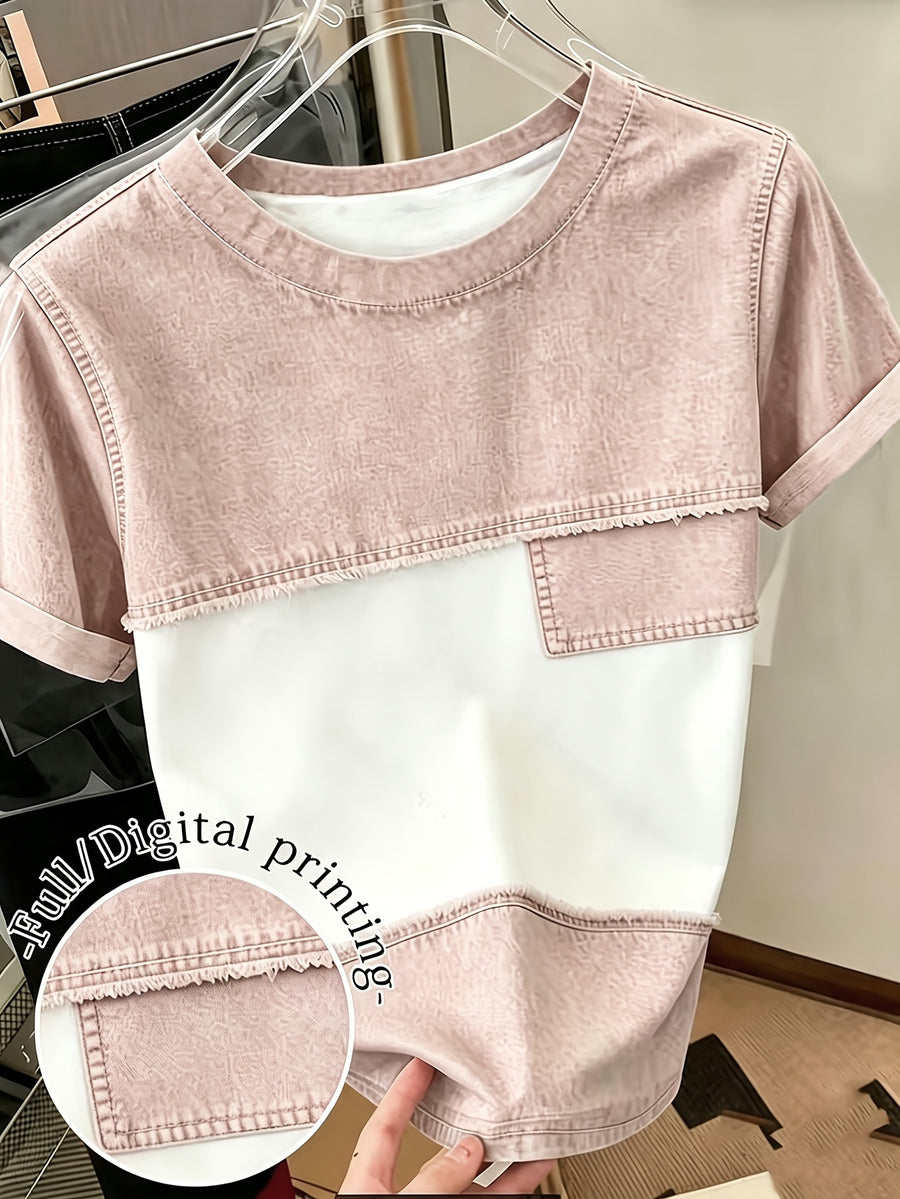 [Printed Pants - Not Denim Fabric] Women's All-Over Imitation Denim Print T-Shirt - Short Sleeve Round Neck -Compatible Top | Full-Body Denim Patchwork Design | Machine Washable Casual Summer Style Suitable for Spring/Summer Casual Attire & Layering - Pale Pinkish Gray