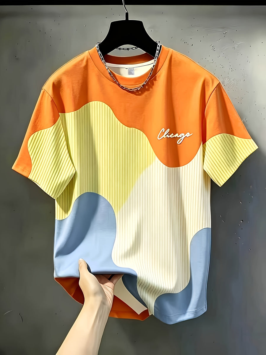 Ins Style Easy Versatile Round Neck Short Sleeve Top, Irregular Wave Color Block Chicago Letter Print Design, Fashionable Thin Breathable T-Shirt, Machine Washable Casual Short Sleeve Top - Mixed Color 3