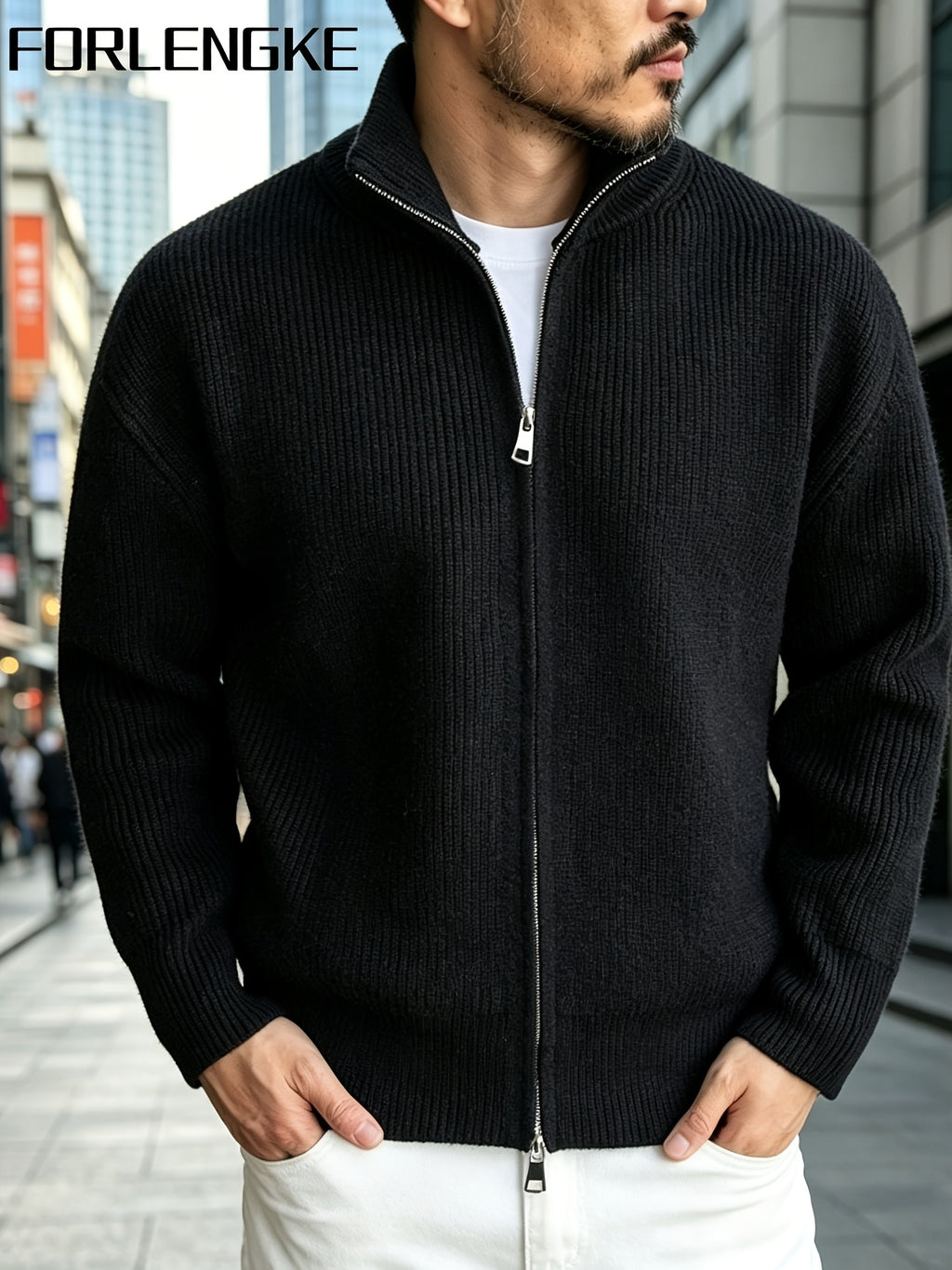 FORLENGKE Men Business Casual Stand Collar Full Zip Ribbed Knit Cardigan, Thick Warm Loose Long Sleeve Sweater Jacket for Fall Winter Office Daily Wear - Black