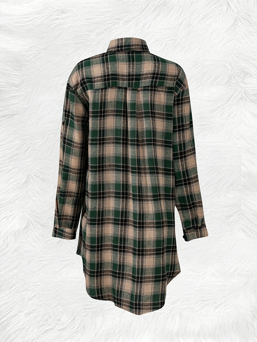 Mid-length Loose-fit Casual Plaid Shirt - Green