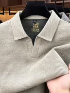 Autumn New Style Long Sleeve Polo Shirt Lapel No Button V-Neck Design Vertical Stripes Ribbed Knit Thick Long Sleeve Solid Color Basic Fit Outdoor Casual Commuter Men'S Clothing Quality Casual Top Business Office - Off-white