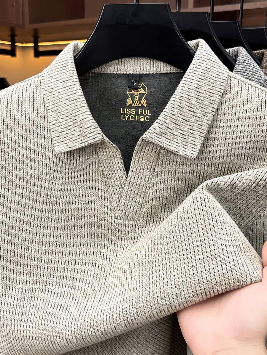 Autumn New Style Long Sleeve Polo Shirt Lapel No Button V-Neck Design Vertical Stripes Ribbed Knit Thick Long Sleeve Solid Color Basic Fit Outdoor Casual Commuter Men'S Clothing Quality Casual Top Business Office - Off-white