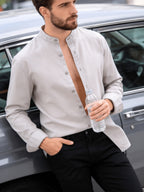 Men'S And Linen Button-Up Shirt, Casual Stand-Up Collar Long Sleeve Shirt, Men'S Beach Vacation/Daily Wear/Outdoor Travel/Home Walking/Weekend Outings, Dates, Gatherings, Office Casual Outdoor Wear (Shirt) - Grey