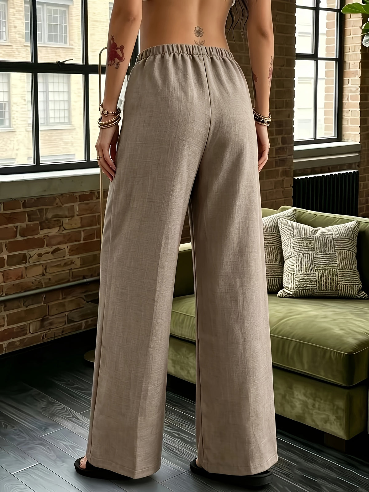 Women's Elegant Tie-Waist Wide-Leg Pants, Summer, Machine Washable, for Casual and Vacation Wear - Khaki