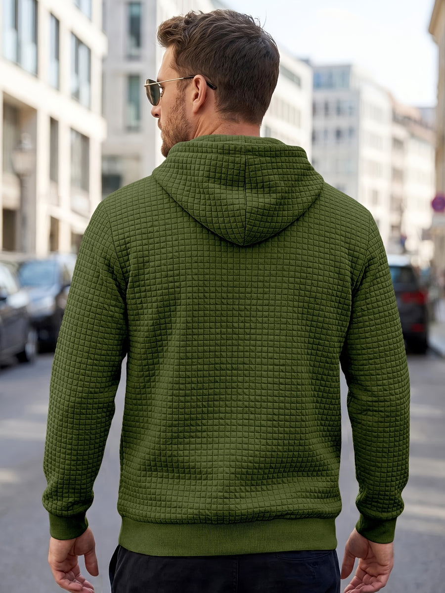 American Style New Men's Casual Pullover Jacquard Sweatshirt, Plaid Hooded Sweatshirt with Large Pocket - Military Green