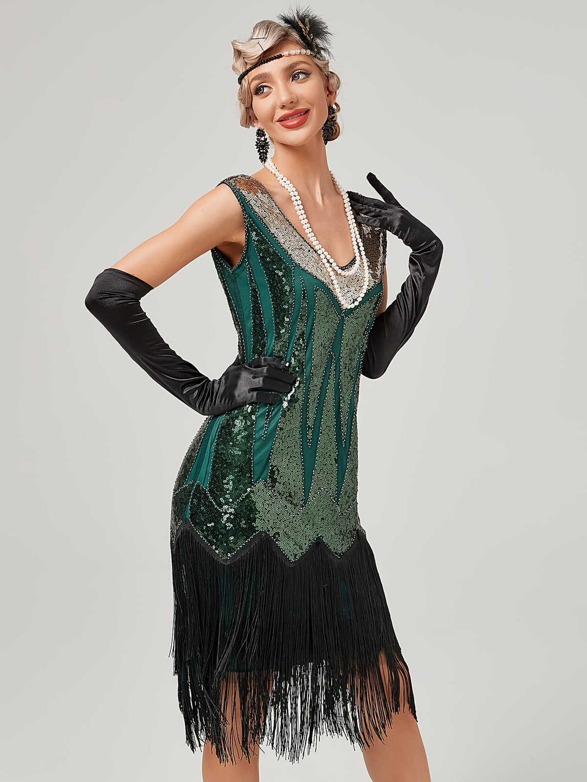 1920s Retro Sequin Gatsby Party Dress with Tassels, Short Sleeve Evening Gown for Banquets and Toasting Ceremonies - In Stock - Golden Green