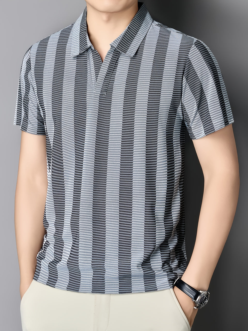 [Sleek Awakening OBM] Spring/Summer New Men'S Polo Shirt, Old Money Style Knit Jacquard Striped Contrast Half-Button Placket Cutaway Collar Short Sleeve T-Shirt for Men, Fashionable And Versatile Pullover Base Layer Top - Deep Grey