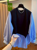 Korean Striped Design Round Neck Sweatshirt Women'S Early Spring New Faux Two-Piece Patchwork Shirt - Multicolor