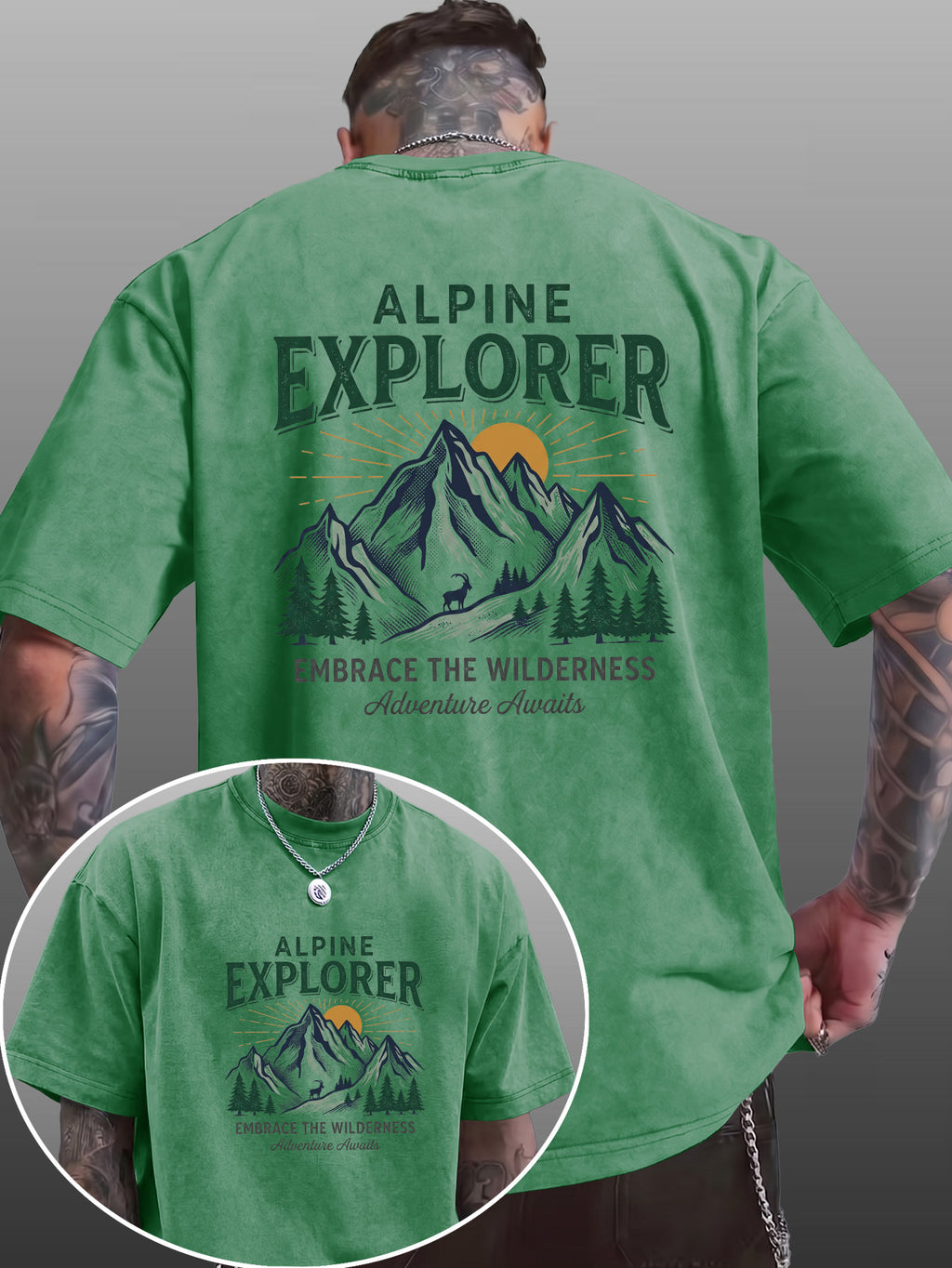 Short Sleeve T-Shirt Men'S Pure Loose Washed Distressed Top Mountain Adventure Forest Sunset Pattern Trendy Reversible Double-Sided Print Multicolor Casual American Street High Street Hip-Hop Style Daily Outing Commute Fitness Couple Style Y2K Natio - Green