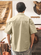 Men's Casual Short Sleeve Shirt, Blend Workwear Button Shirt with Multi Pockets, Solid Color Loose Fit, Breathable Summer Tops for Outdoor Daily WearMen's Multi-Pocket Short Sleeve Work Shirt, Casual Loose Fit Blend Button Shirt for Daily & Outdoor - Khaki