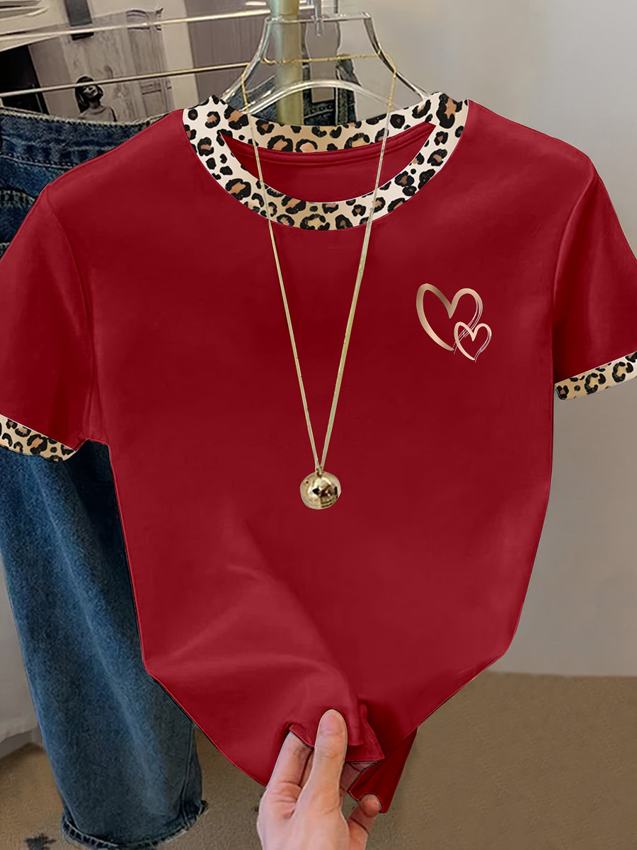 Women's Casual Short Sleeve Blouse T-Shirt Suitable for Spring Summer Fall - Heart Pattern Opaque Top, Machine Washable Daily Wear & Semi-Formal Outfits - Red