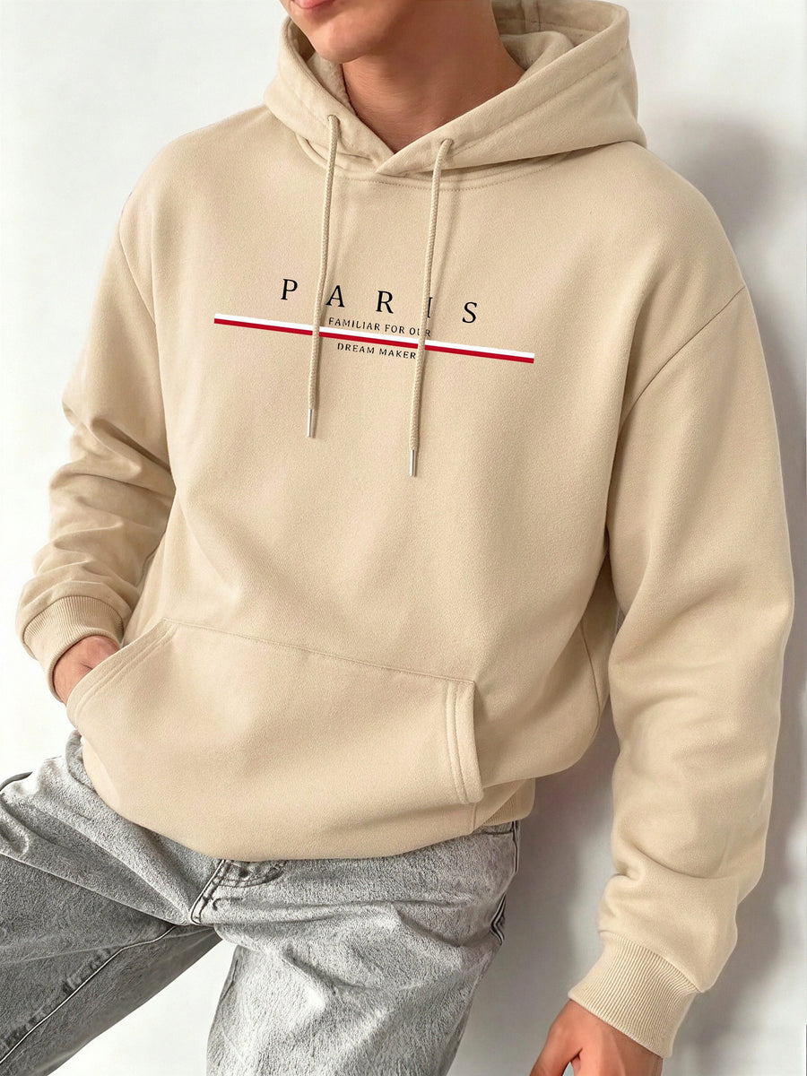 Men's Hooded Sweatshirt with PARIS Print, Comfortable, Casual, Soft, Breathable for Spring and Autumn Daily Commuting - Apricot