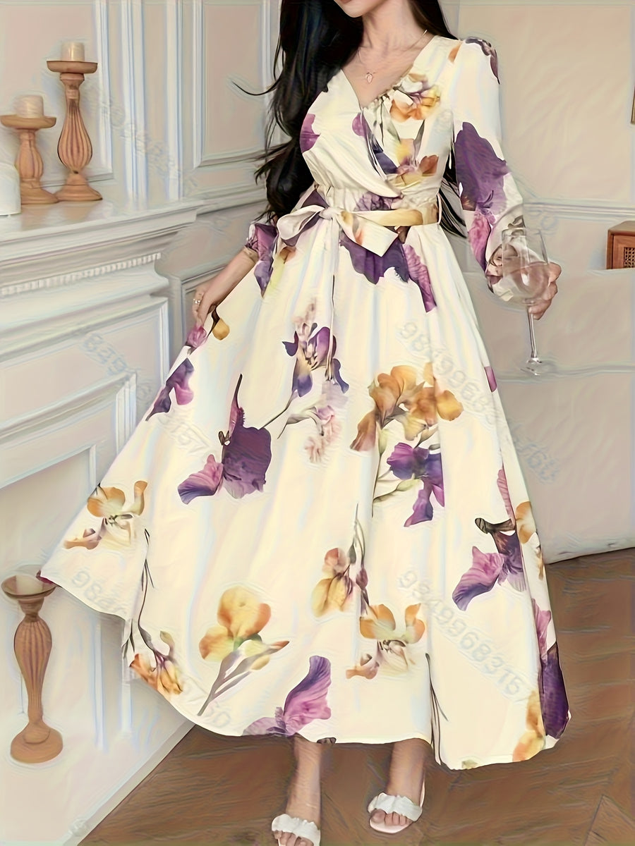 Vacation Style Printed Elegant Waist-Cinching Long Sleeve Dress - Beige