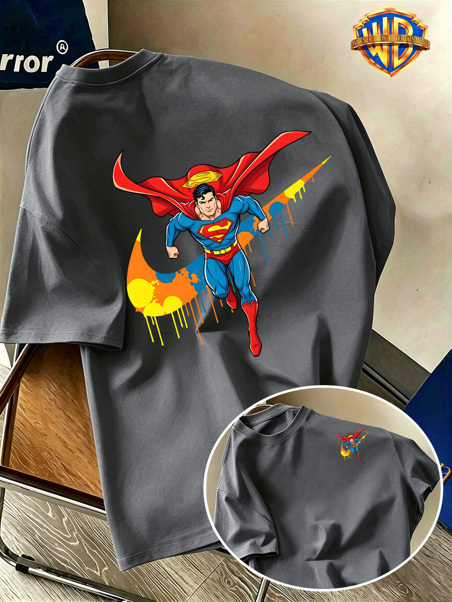 Back-To-School Season Warner Authorized, Men'S Casual T-Shirt, Soft Breathable Fabric Lightweight Short Sleeve, DC Genuine Superman Dynamic Flying Pose Colorful Resin Drop Trendy Print, Lightweight Comfortable Fit - Dark Gray