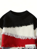 Men'S Color Block Fringe Sweater - Soft Knit Loose Fit Long Sleeve Winter Warmth - Red
