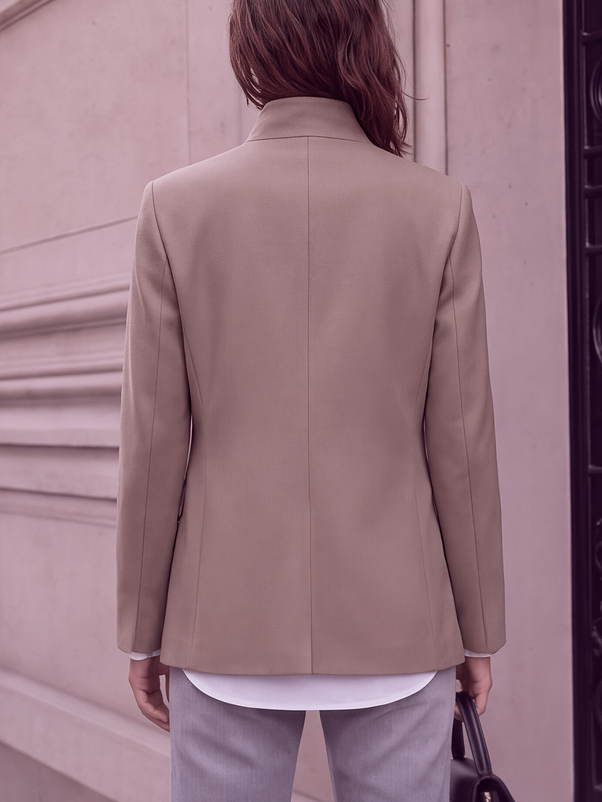 Stand-up Collar with Irregular Slanted Placket, Women's Casual Blazer, Versatile and Elegant Commuter Blazer Top, Dual-wear Suit for Daily and Workplace, Lined, with Pockets - Taupe