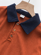 Men's Color-Block Spliced Long-Sleeve Polo Shirt Two-pc, Vertical Stripe Texture, Letter Print Lapel Top, Spring/Autumn Business Casual Versatile 2pcs Men's Sweatshirt Set - Tangerine+Navy Blue
