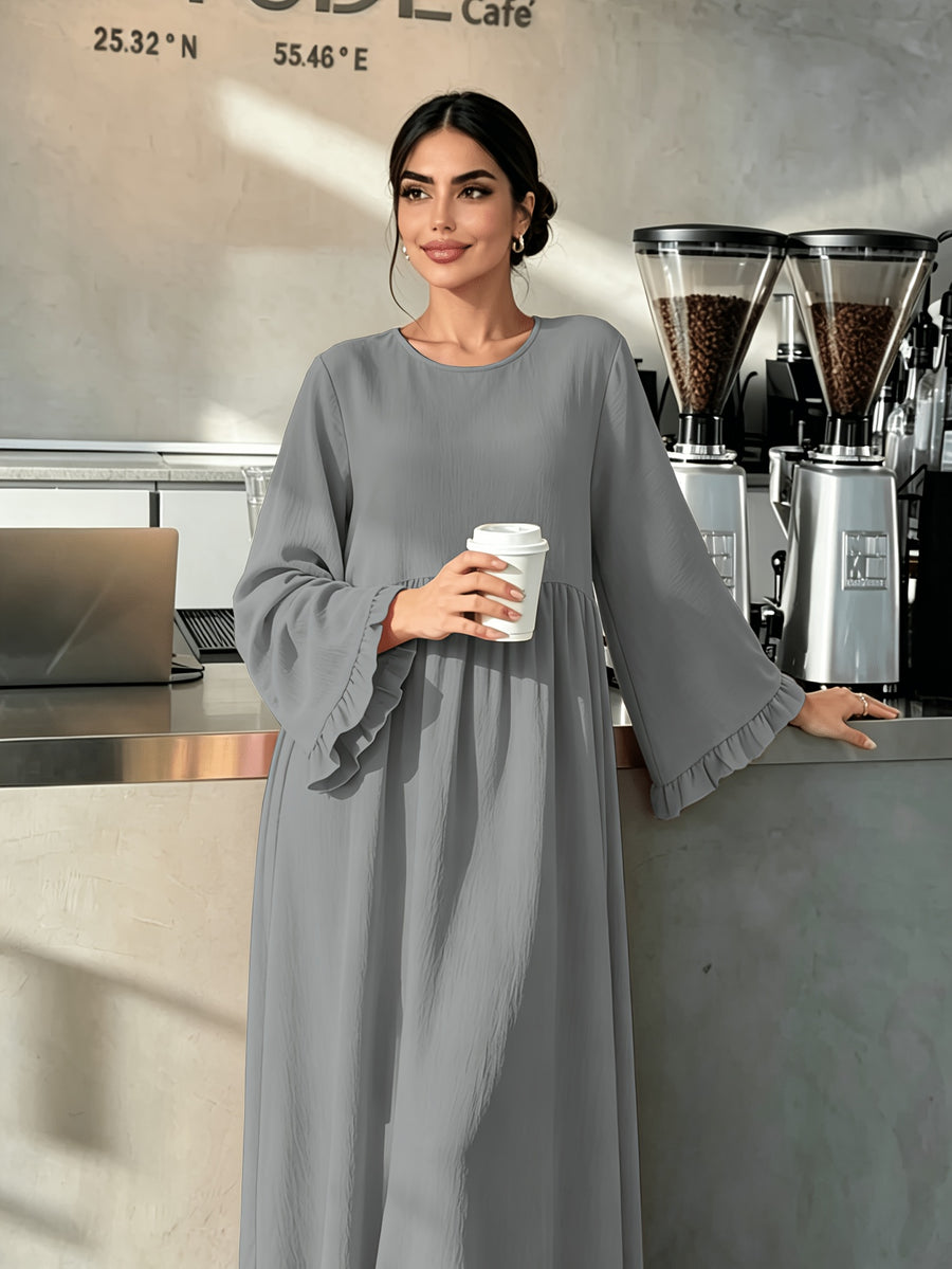 Round Neck Long Dress with Ruffled Flared Wide Sleeves, Soft Lightweight Breathable Fabric Loose Swing Style Dress for Women Daily Home And Outdoor Casual Matching - Dark Gray