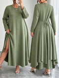Plus Size Waist-Cinching Tie-String Irregular Long Dress, Easy Retro Style Casual Commute Loose Ladies Dress - Green