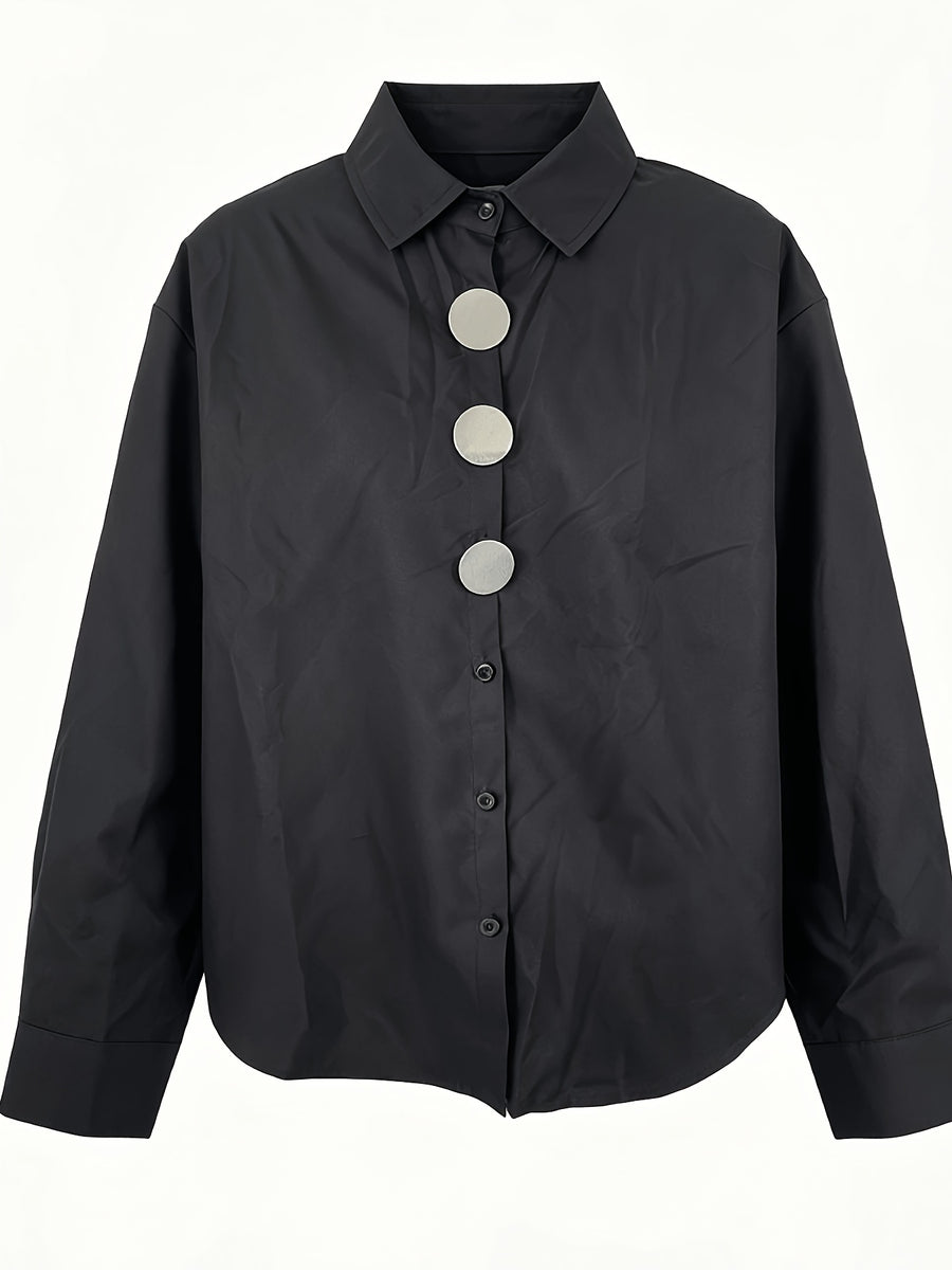 2026 Spring New Large Button Shirt Women'S Loose Silhouette Flattering French Commute Temperament Long Sleeve Shirt Versatile Design Top - Black