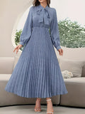 Autumn And Winter New Women'S Long-Sleeved Pleated Dress Full Polka Dot Fashion Elegant Print Collar with Collar (No Belt) Women'S Clothing - Blue