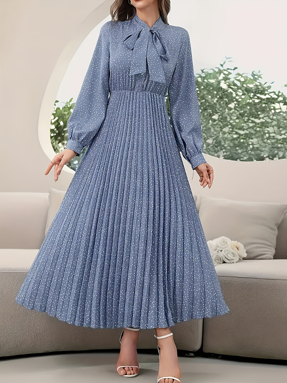 Autumn And Winter New Women'S Long-Sleeved Pleated Dress Full Polka Dot Fashion Elegant Print Collar with Collar (No Belt) Women'S Clothing - Blue