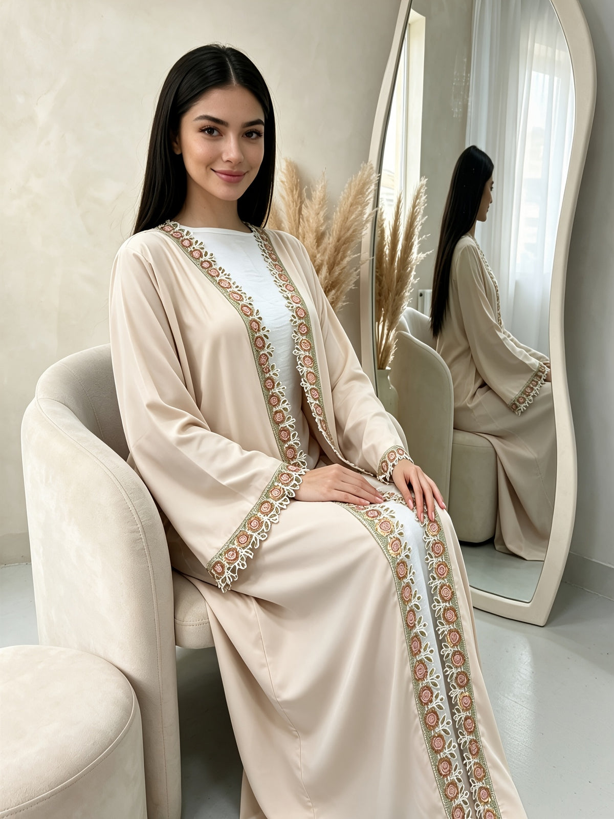 1pc Women's Elegant Modest Abaya Robe - Rhinestone Trim Open Front Muslim Dress with Wide Flare Maxi Length, Suitable for Hajj, Ramadan, Islamic Dress, Dubai Robe Coat, Cardigan Outerwear - Apricot