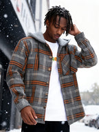 Christmas Men'S Gift Men'S Casual Plaid Hooded Contrast Color Patchwork Harajuku Style Fake Two-Piece Long Sleeve Jacket - Dark Gray