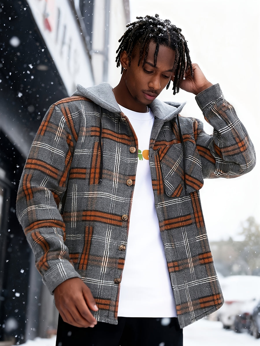Christmas Men'S Gift Men'S Casual Plaid Hooded Contrast Color Patchwork Harajuku Style Fake Two-Piece Long Sleeve Jacket - Dark Gray