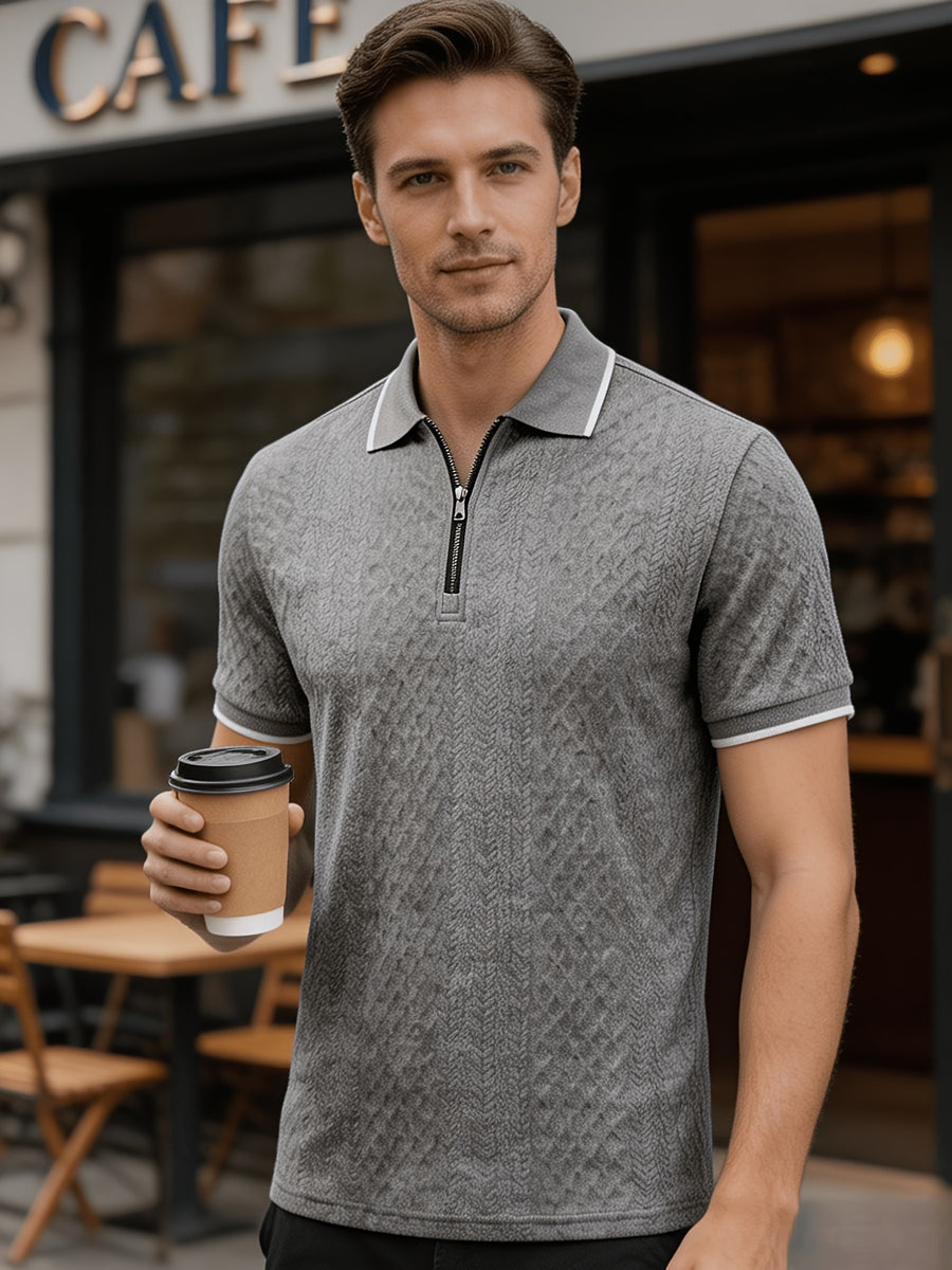 Men'S Quarter-Zip Knit Polo Shirt, Textured Diamond Jacquard Short Sleeve Top, Summer Golf Casual Office Street Wear - Grey