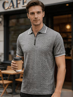 Men'S Quarter-Zip Knit Polo Shirt, Textured Diamond Jacquard Short Sleeve Top, Summer Golf Casual Office Street Wear - Grey