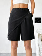Women's Fashion Elastic Waist Wide-Leg Shorts - Designer Casual Pants - Black