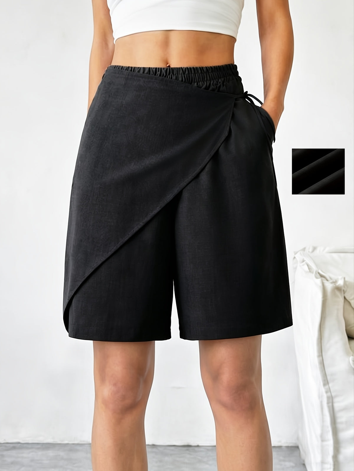 Women's Fashion Elastic Waist Wide-Leg Shorts - Designer Casual Pants - Black