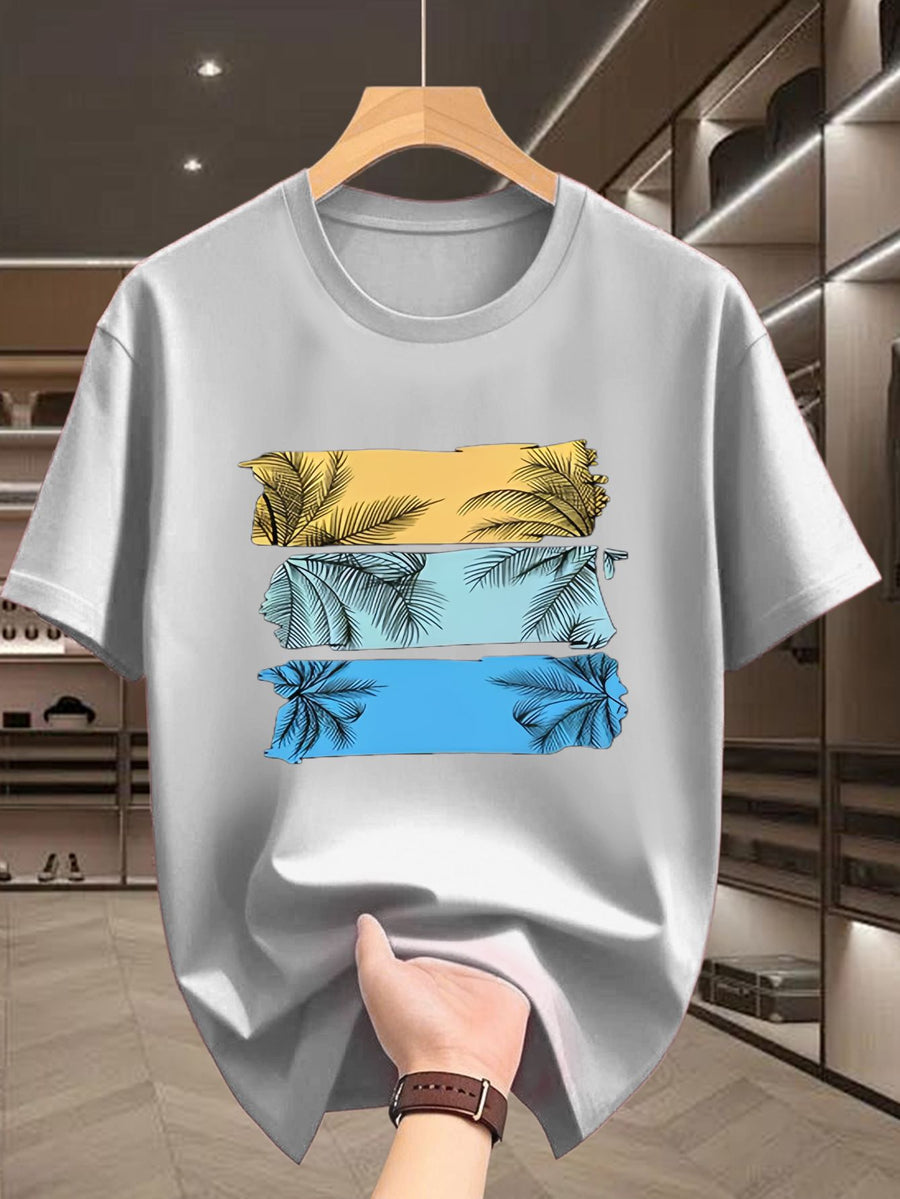 Men'S T-Shirt Featuring a Stylish Black Palm Tree Print, with a Unique Hand-Drawn Design in a Combination of Yellow, Blue, And Pink Colors - Light Grey