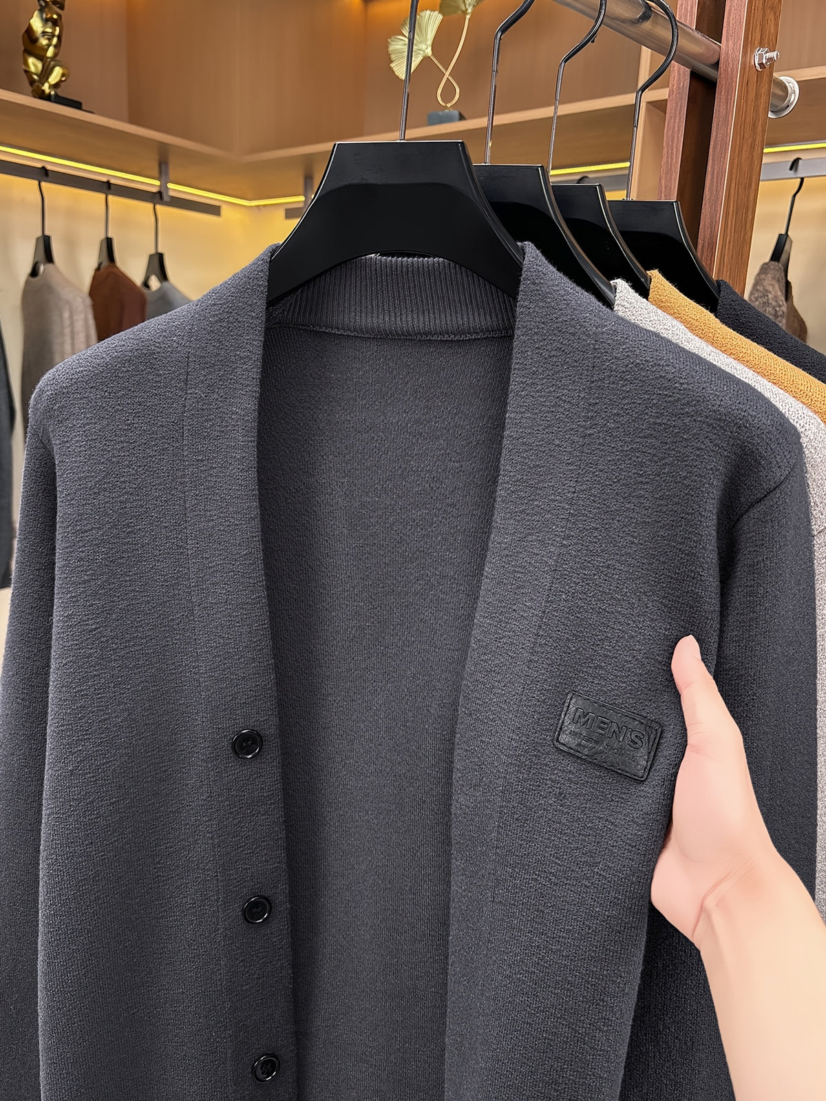 1pc Spring Autumn Men'S V-Neck Cardigan Knit Jacket Single Fake Button Cardigan Sweater Easy All-Match Casual Outerwear Knit Top - Dark Gray