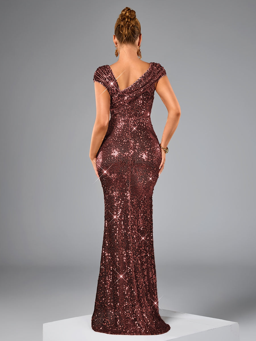 Women's Elegant Sequin Long Evening Gown - High-Waisted Mermaid Backless Formal Dress with Asymmetric One-Shoulder Neckline, Long Sleeve Sparkling Party Wedding Guest Gala Concert Dress, Mermaid Dress - Burgundy