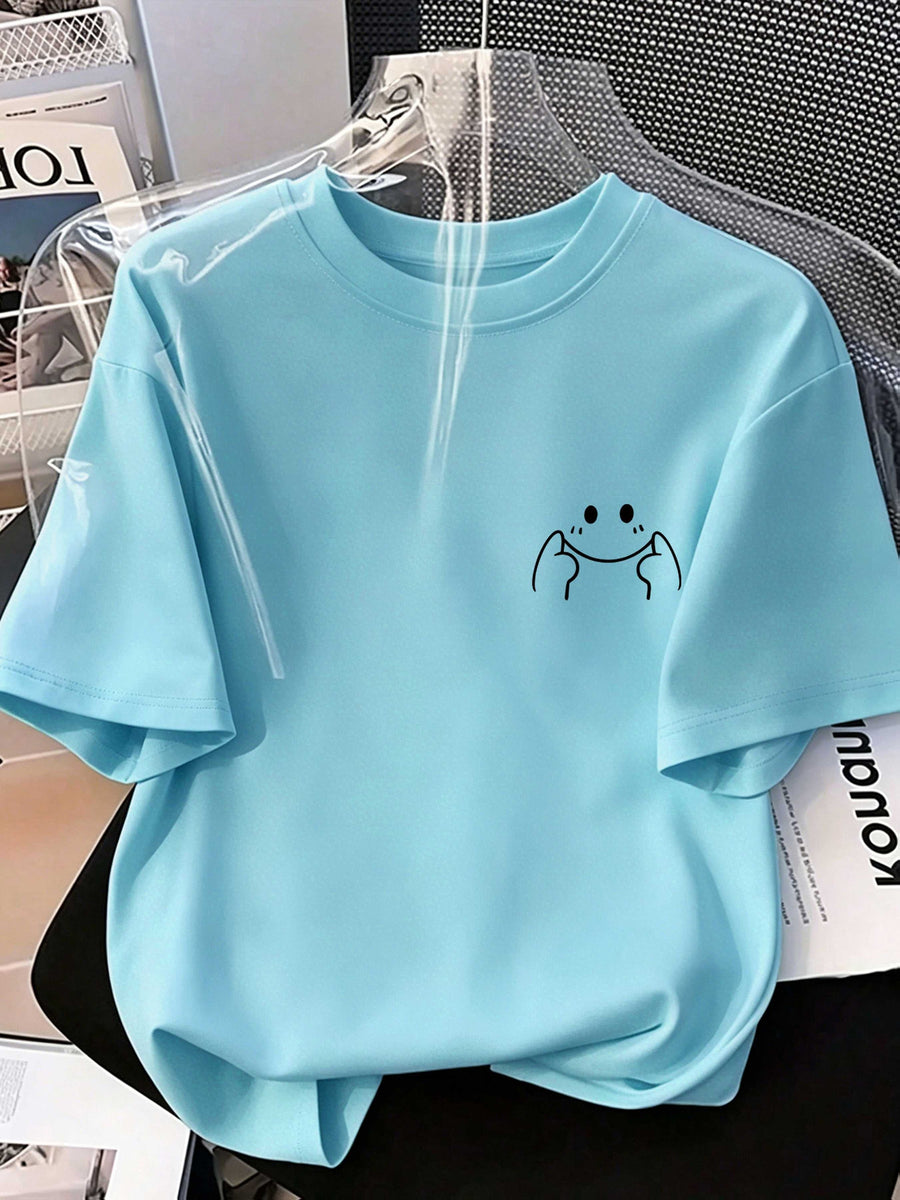 Women's High-Elastic Blouse T-Shirt Suitable for Café Visits, Picnic & Home Wear - Minimalist Smiling Face Print Round Neck Top, Machine Washable Non- Shirt for - Casual Outfits (Age-Reducing Versatile Wardrobe Staple) - Sky Blue