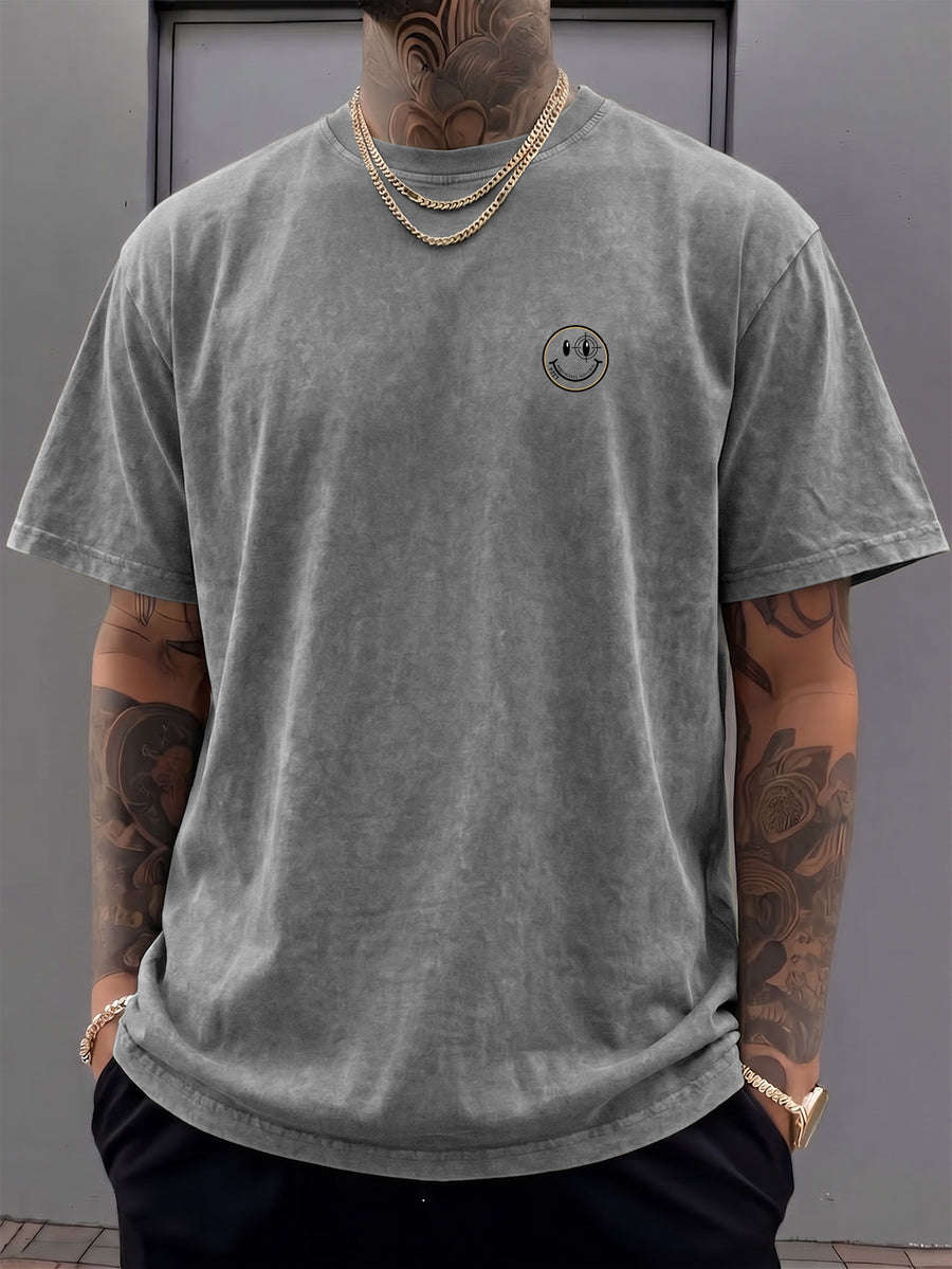 Short-sleeve T-shirt, Half-sleeve Top with a Small Joyful Face and Simple Circular Logo Print on the Chest, Trendy Print Available in 12 Colors for Mix-and-match. Made of Pure Cotton with a Washed and Distressed Effect, Featuring a Loose Fit. - Grey