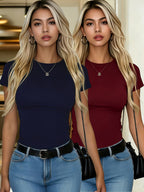 2pcs Set Women'S Elegant Solid Short Sleeve Slim Fit Basic T-Shirts - Casual Fashion Versatile, Classic Round Neck Design, All-Season Pullover Top, Comfortable Stretch Fabric, Slim Fit Style, Machine Washable - Navy Blue+Brick Red