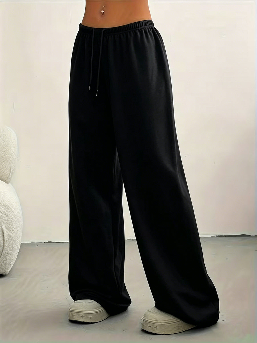 Lazy Style Solid Wide-Leg Pants Women'S High-Waist Drapey Floor-Length Trousers Versatile Casual Sweatpants - Black