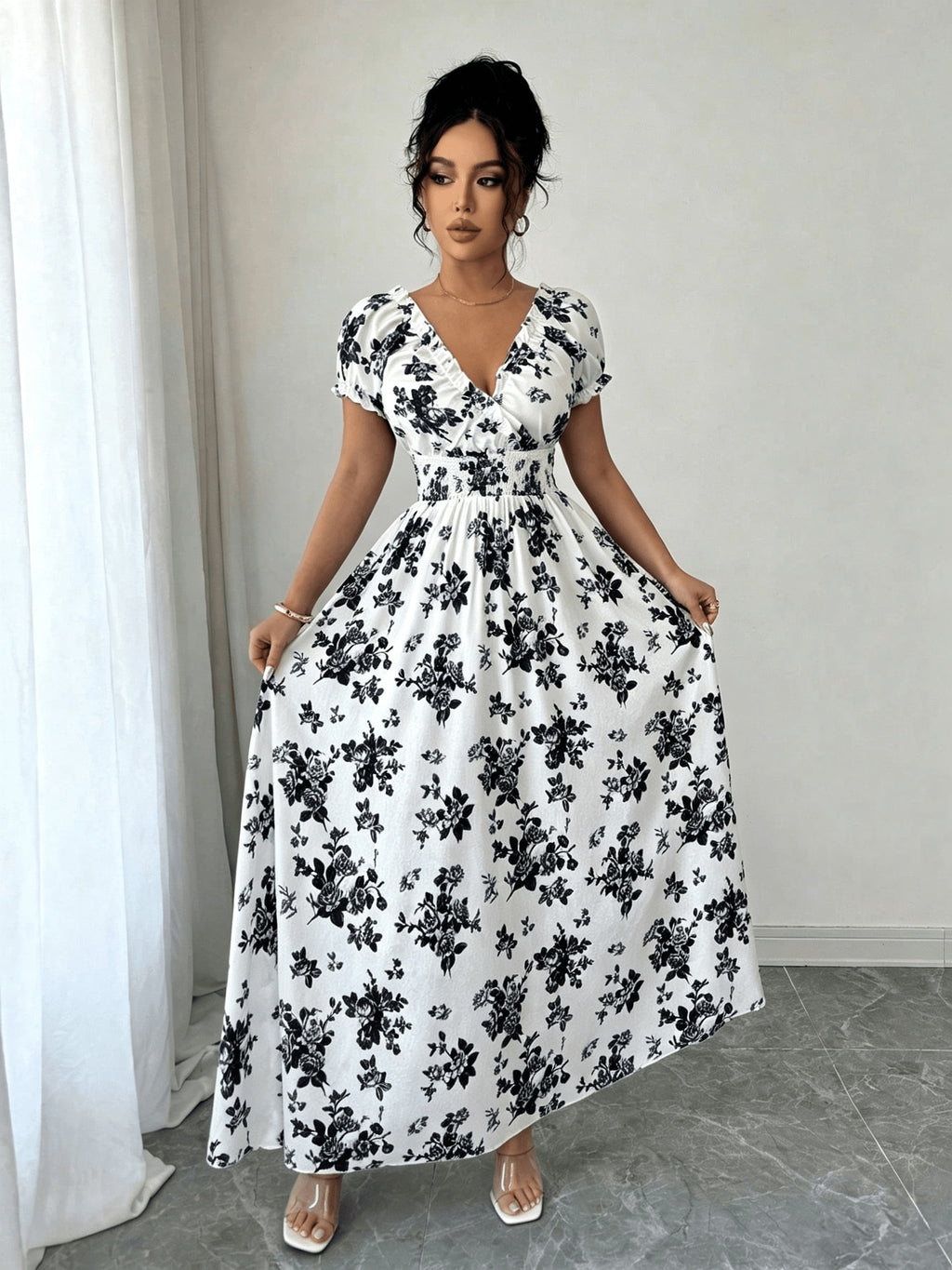 V-neck Ruffle Design, Floral Print Fabric, Elastic Waist Slim-Fit Short Sleeve Women's Dress, Elegant Party Wear, Date Night - Black Flowers