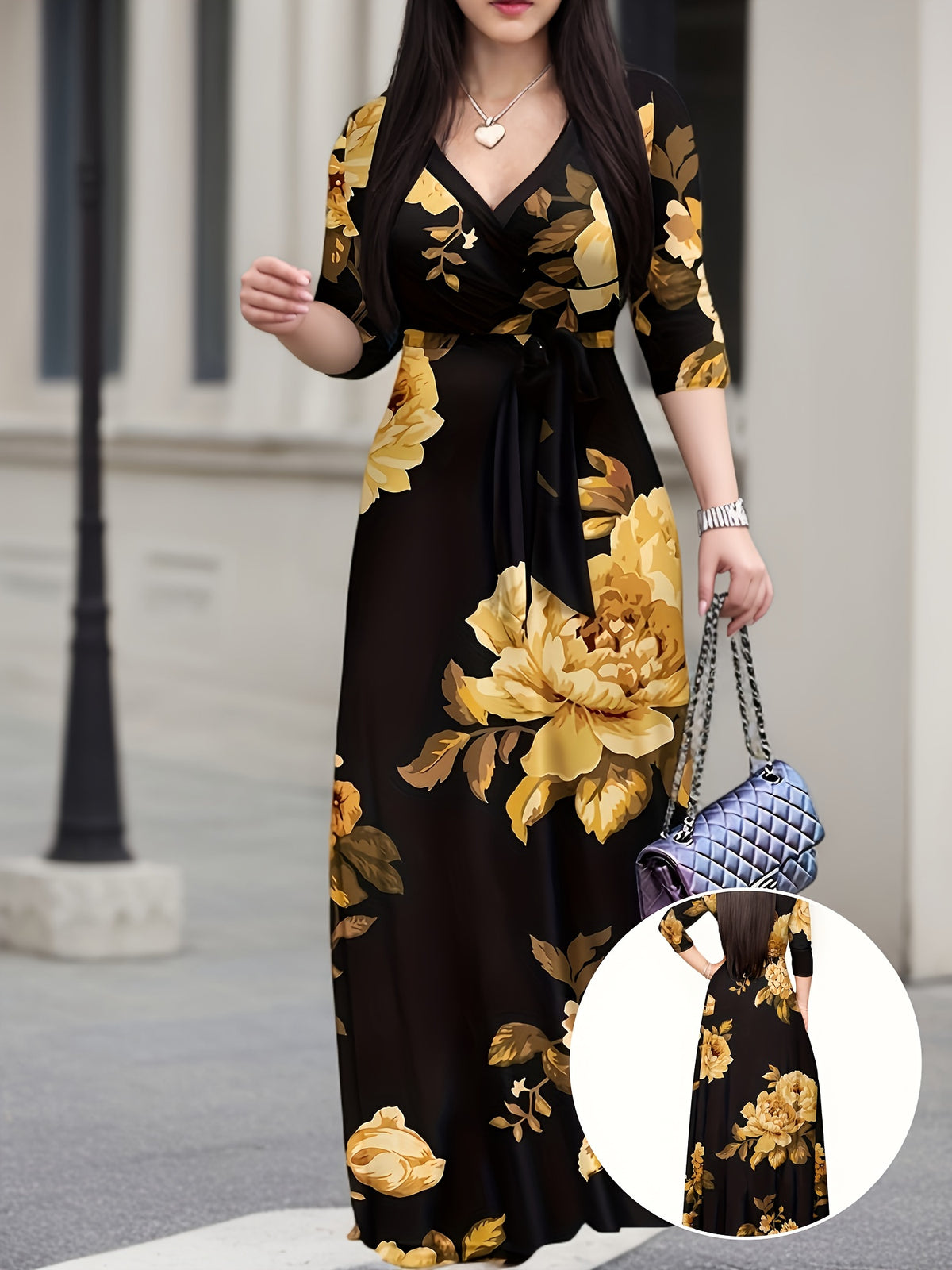 Women's Elegant V-Neck -Line Maxi Dress with & 3/4 Sleeves - Floral Print Midi-to-Maxi Length Dress for Spring Summer Wedding Guest, Dress - Machine Washable -Line Gown Suitable for Bridesmaids - Black