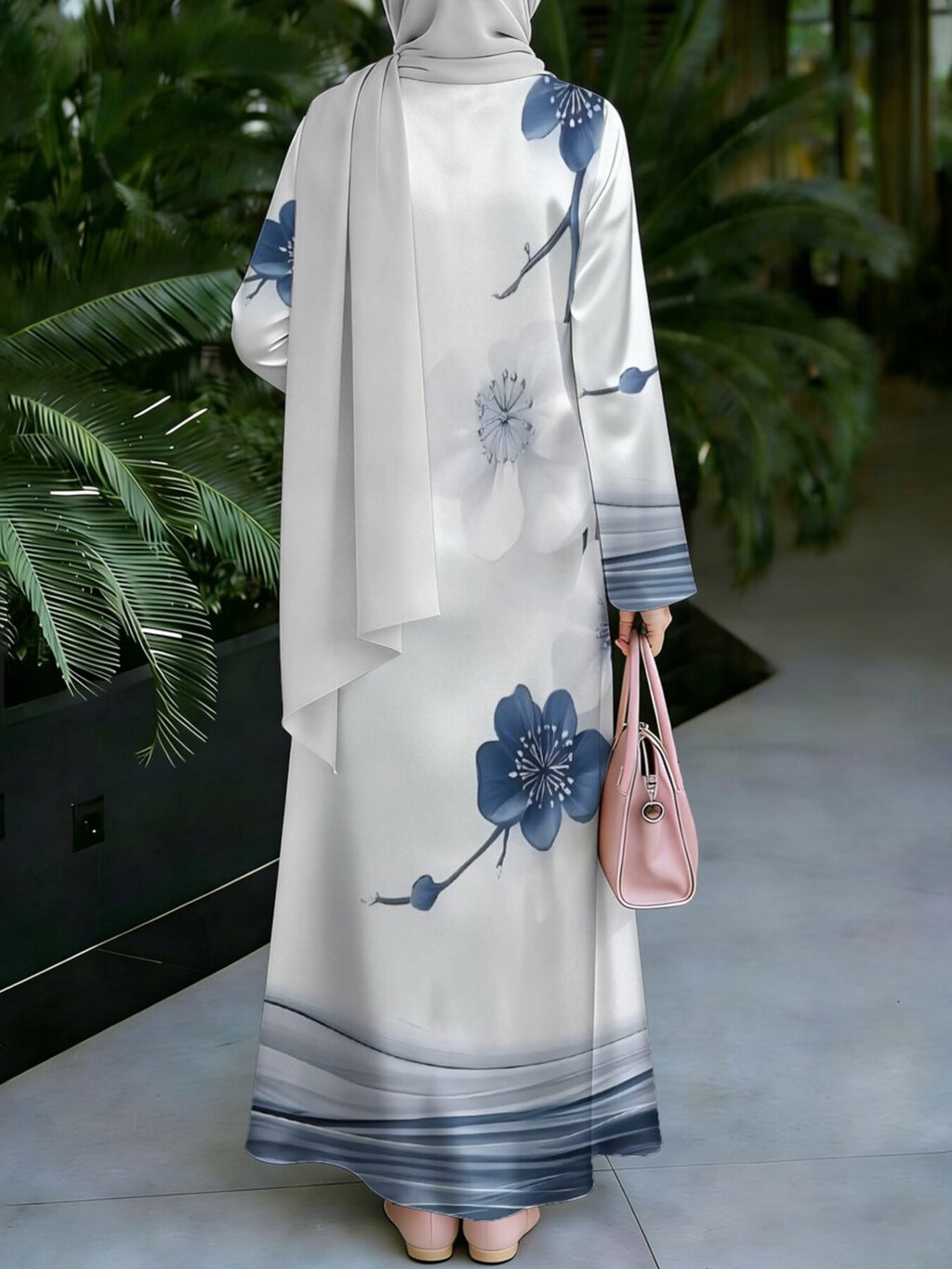 Women's Middle Eastern Style Muslim Elegant Robe, White Base with Blue Ink Wash Floral Gradient Print Long Dress, Loose Fit with Long Sleeves and Wide Flared Hem, for Prayer, Banquets, and Daily Outings, Smooth and Skin-Friendly, Non-Embroidered - Mixed colors