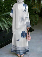 Women's Middle Eastern Style Muslim Elegant Robe, White Base with Blue Ink Wash Floral Gradient Print Long Dress, Loose Fit with Long Sleeves and Wide Flared Hem, for Prayer, Banquets, and Daily Outings, Smooth and Skin-Friendly, Non-Embroidered - Mixed colors