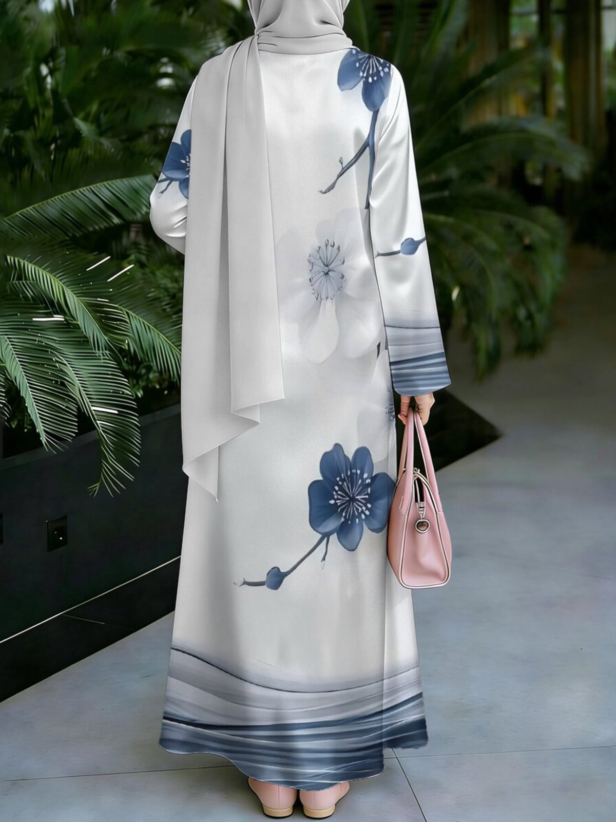Women's Middle Eastern Style Muslim Elegant Robe, White Base with Blue Ink Wash Floral Gradient Print Long Dress, Loose Fit with Long Sleeves and Wide Flared Hem, for Prayer, Banquets, and Daily Outings, Smooth and Skin-Friendly, Non-Embroidered - Mixed colors