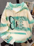 Vintage Trend Autumn/Winter New Arrival Fun Butterfly Print Long Sleeve Tie-Dye Hooded Sweatshirt for Women, Hong Kong Style Loose Fit Unisex BF Fashion Top - Apricot