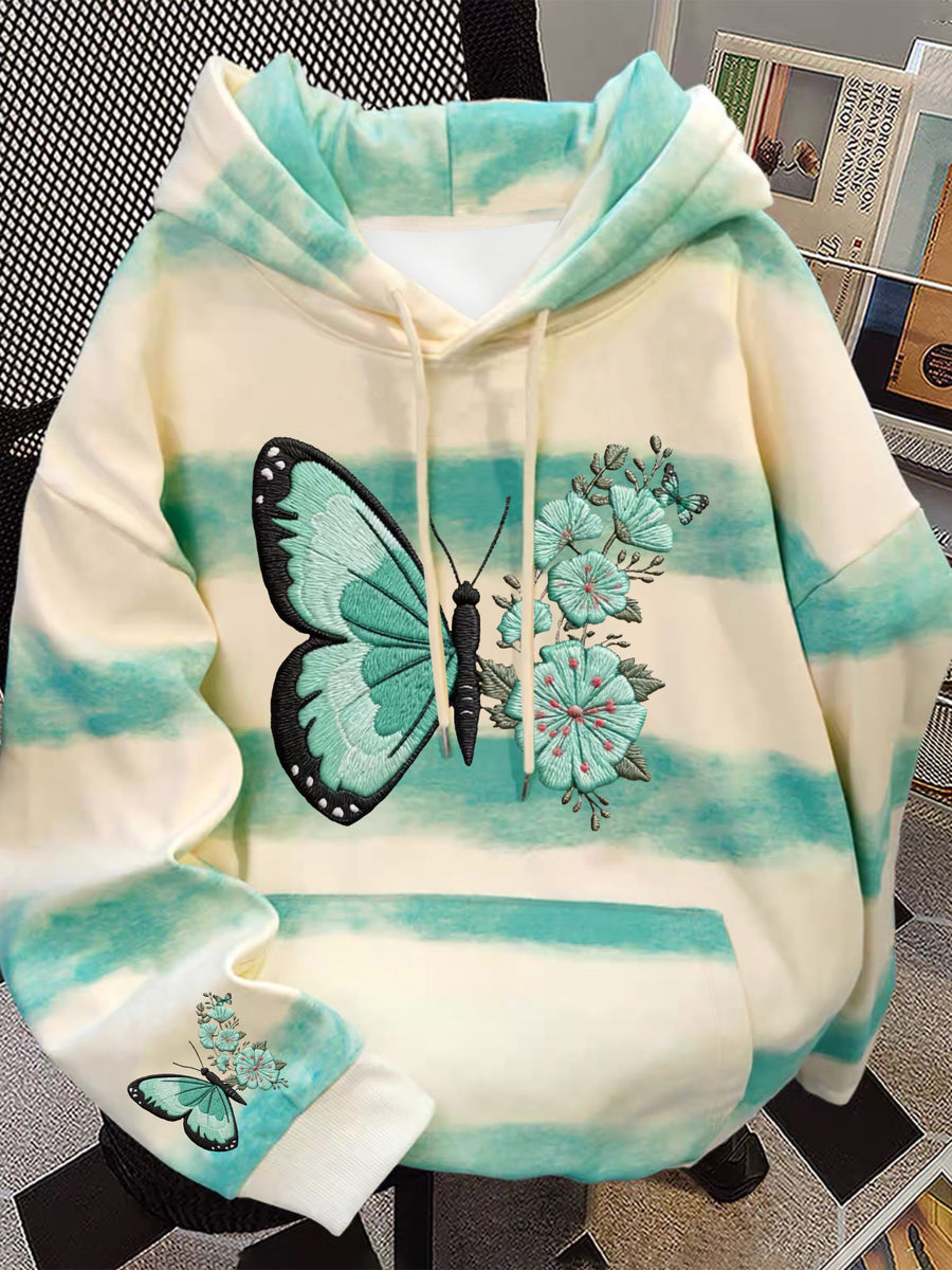 Vintage Trend Autumn/Winter New Arrival Fun Butterfly Print Long Sleeve Tie-Dye Hooded Sweatshirt for Women, Hong Kong Style Loose Fit Unisex BF Fashion Top - Apricot