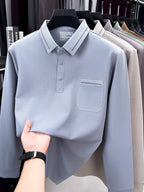 Autumn New Arrival Men's Fashion Long-Sleeve Polo Shirt, Versatile Casual Button- Lapel Seamless Men's Long-Sleeve Top, Suitable for Business Casual Outings, Dates, and Walks, an Essential Top for Casual Attire - Light Blue