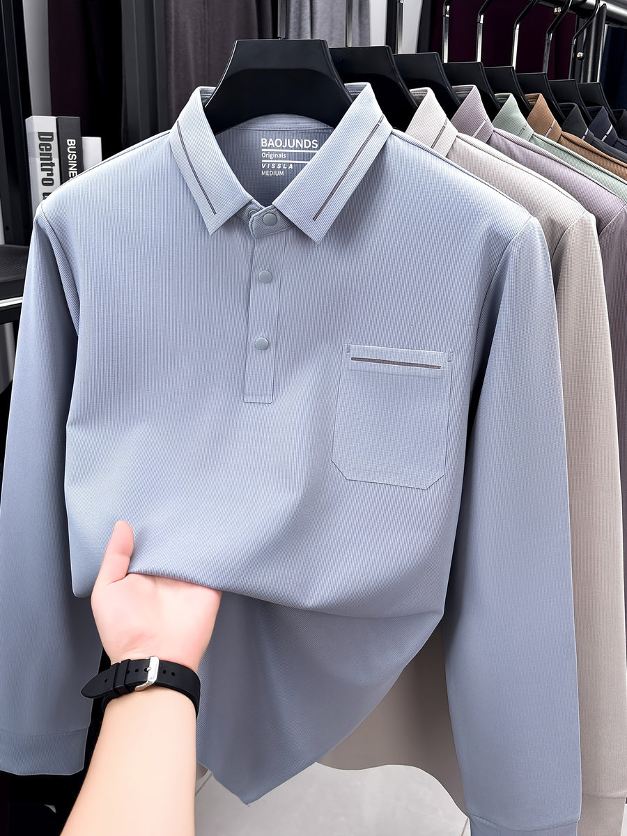Autumn New Arrival Men's Fashion Long-Sleeve Polo Shirt, Versatile Casual Button- Lapel Seamless Men's Long-Sleeve Top, Suitable for Business Casual Outings, Dates, and Walks, an Essential Top for Casual Attire - Light Blue