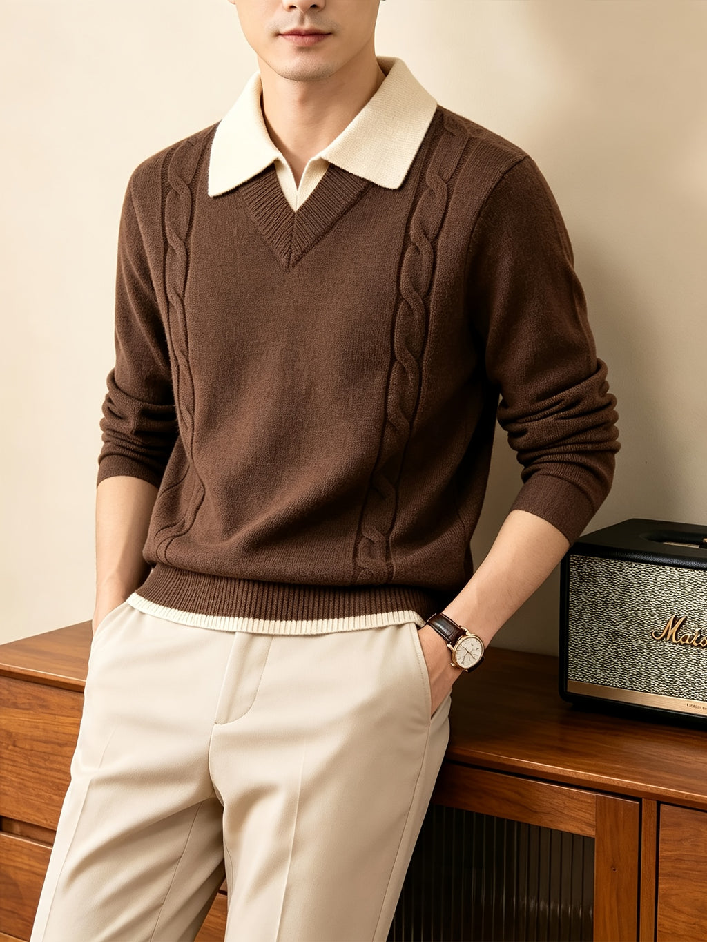 Men'S Faux Two-Piece Polo Collar Cable Knit Sweater, Slim Fit Micro Loose Style, Non-Tight, Suitable for Commute And Casual Wear - SINBOS - Coffee Color